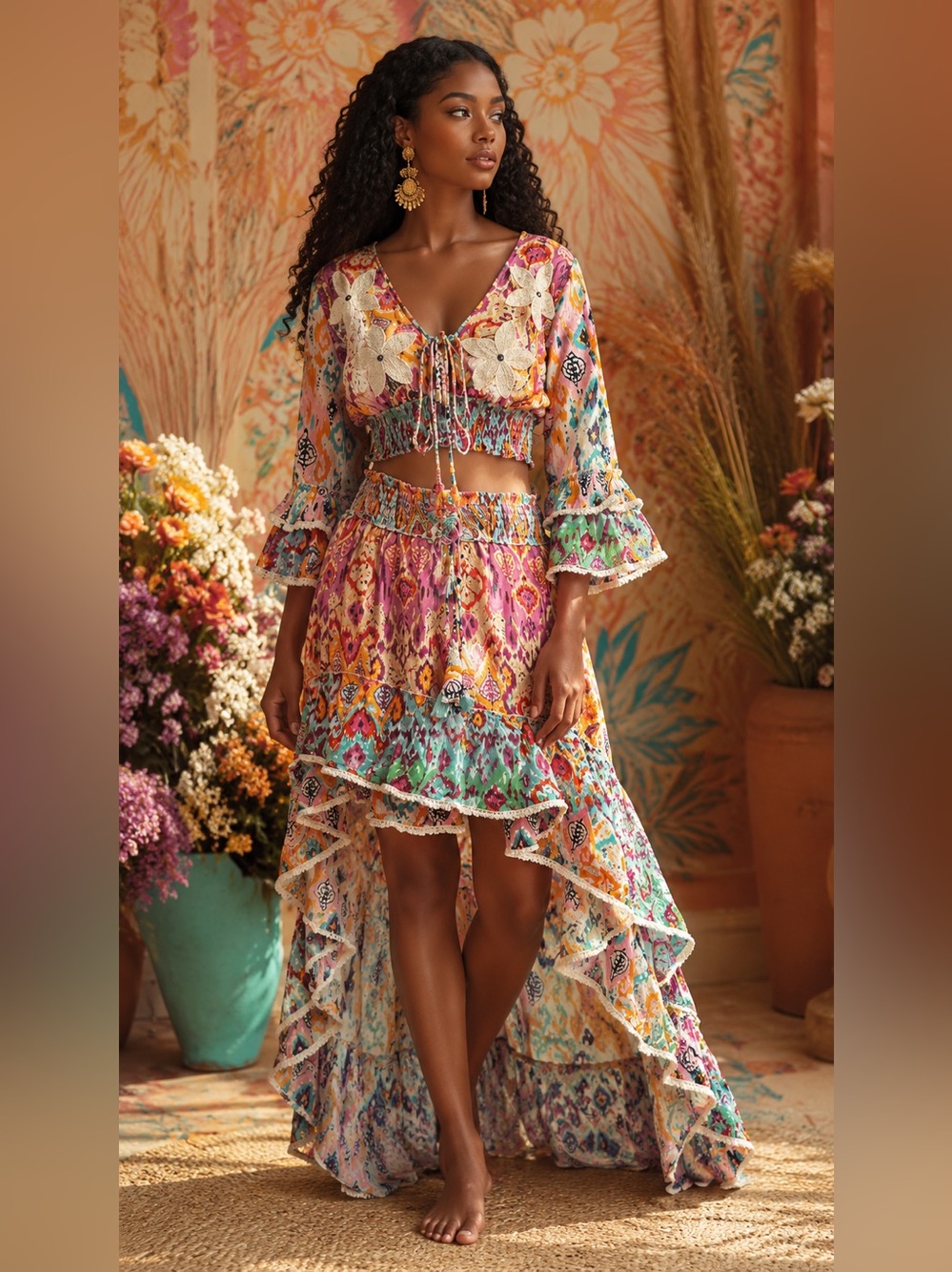 NWT Flirty High-Low Ruffle Maxi Skirt Set in Fun Multicolor Pattern